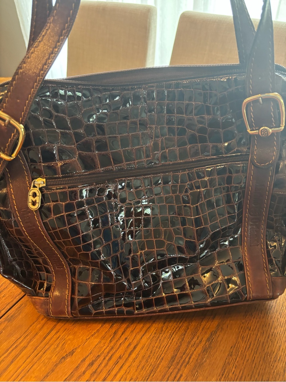 Marino orlandi handbag purse tote crocodile embossed brown patent leather gold - Picture 2 of 14